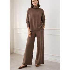 LilySilk Cashmere Turtleneck Sweater and Wide Leg Pants Knit Set Cinnamon XS M